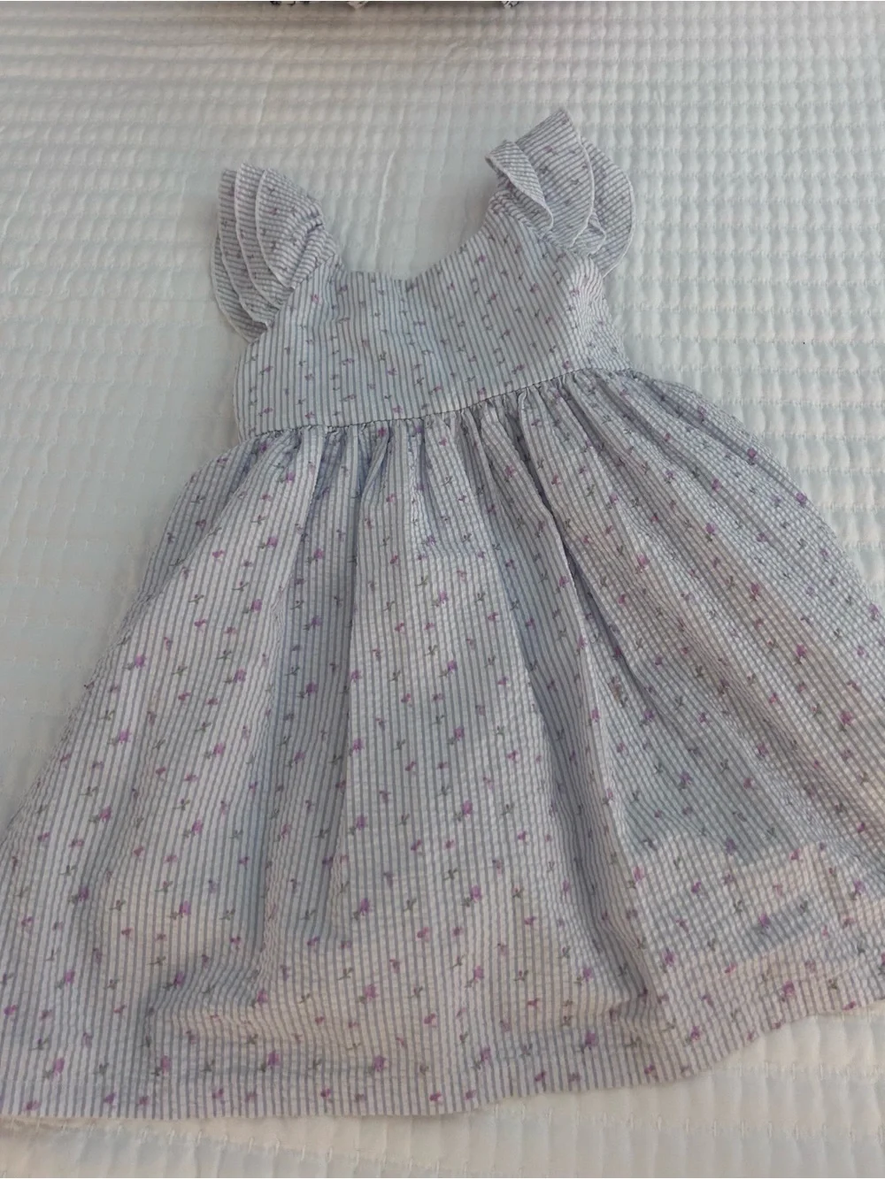 Blueberi Boulevard Girls' Light Blue Striped Dress w Pink Floral Dots. Size 4T
